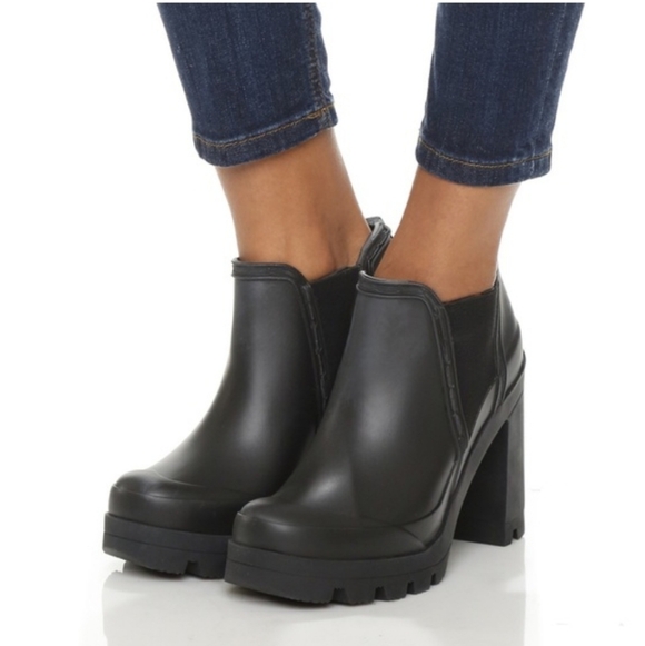 Hunter Original Chunky Block High Heel Chelsea Rain Boot sz9 Black